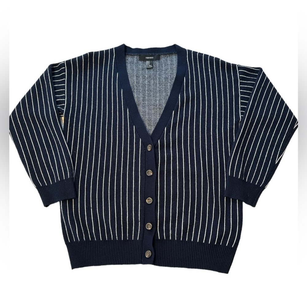 Forever 21 Blue White Striped Button Down Cardigan Sweater